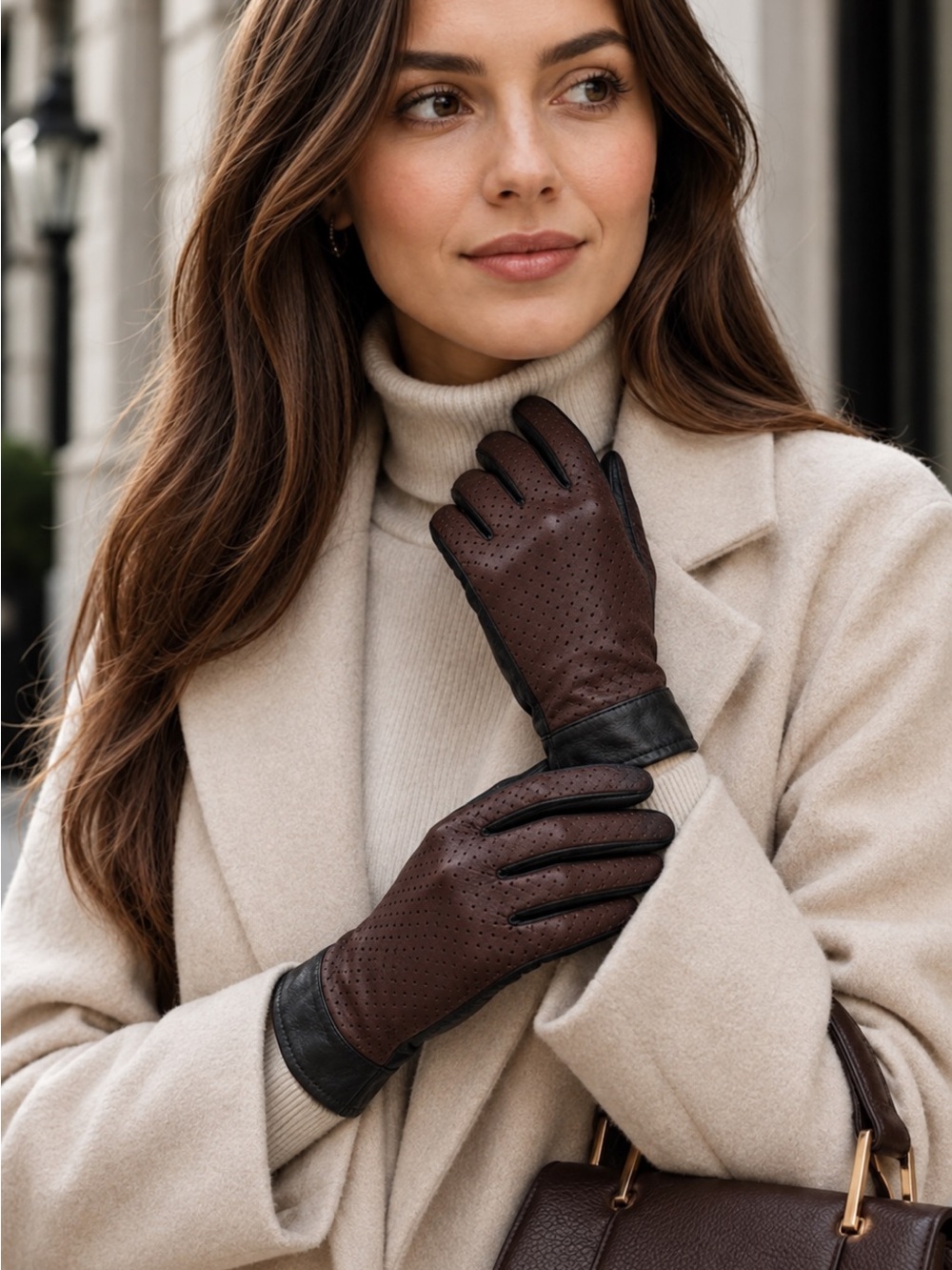 Women's Two-Tone Leather Gloves - Black & Brown Size M-L